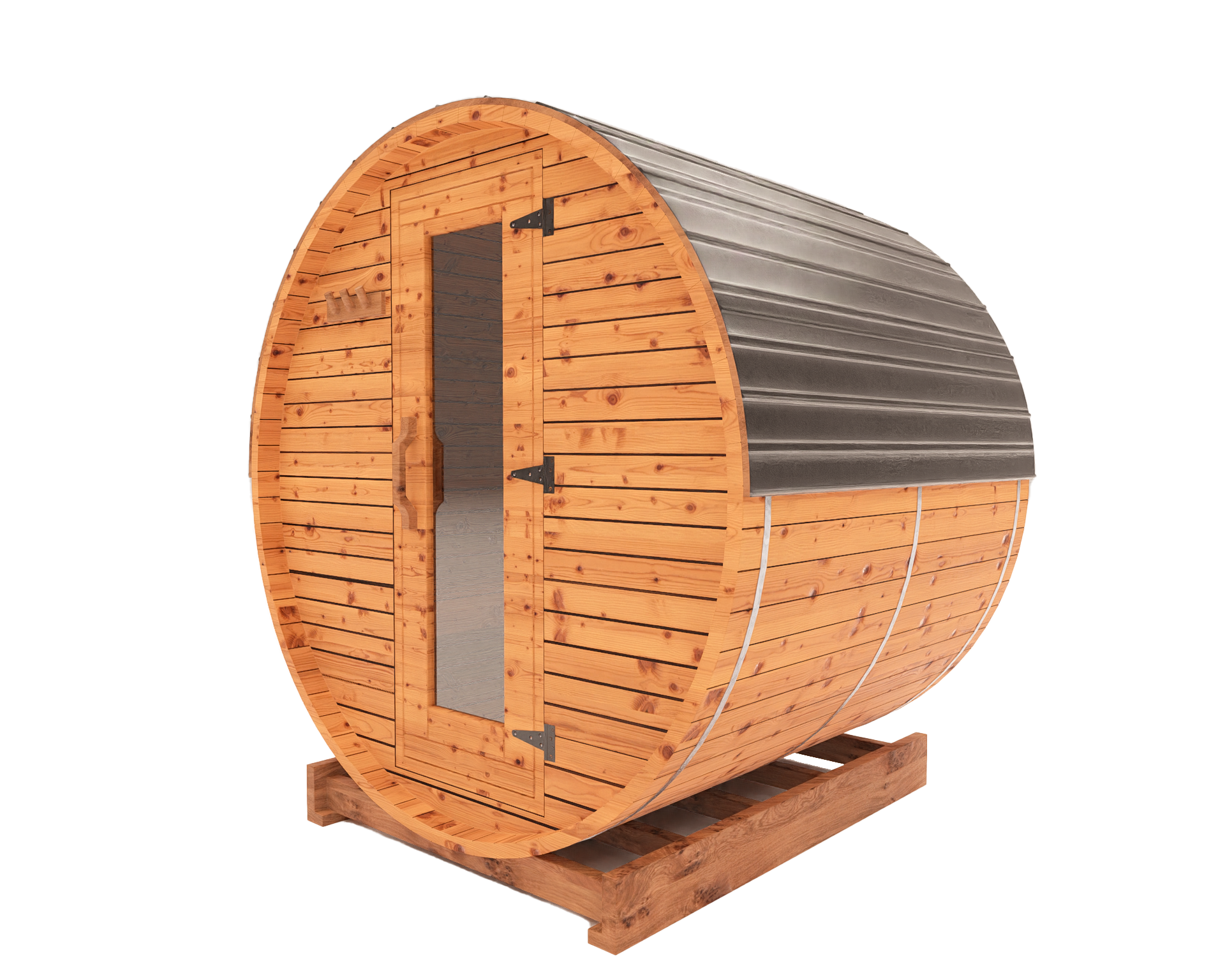 5-ft red cedar barrel sauna side view 3D mockup showing compact curved outdoor sauna profile