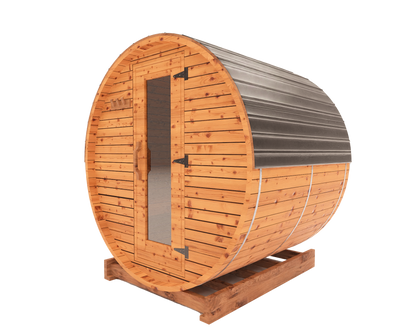 5-ft red cedar barrel sauna side view 3D mockup showing compact curved outdoor sauna profile