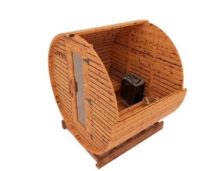 Interior cutaway 3D mockup of 5-ft red cedar barrel sauna showing cedar benches and traditional sauna interior layout