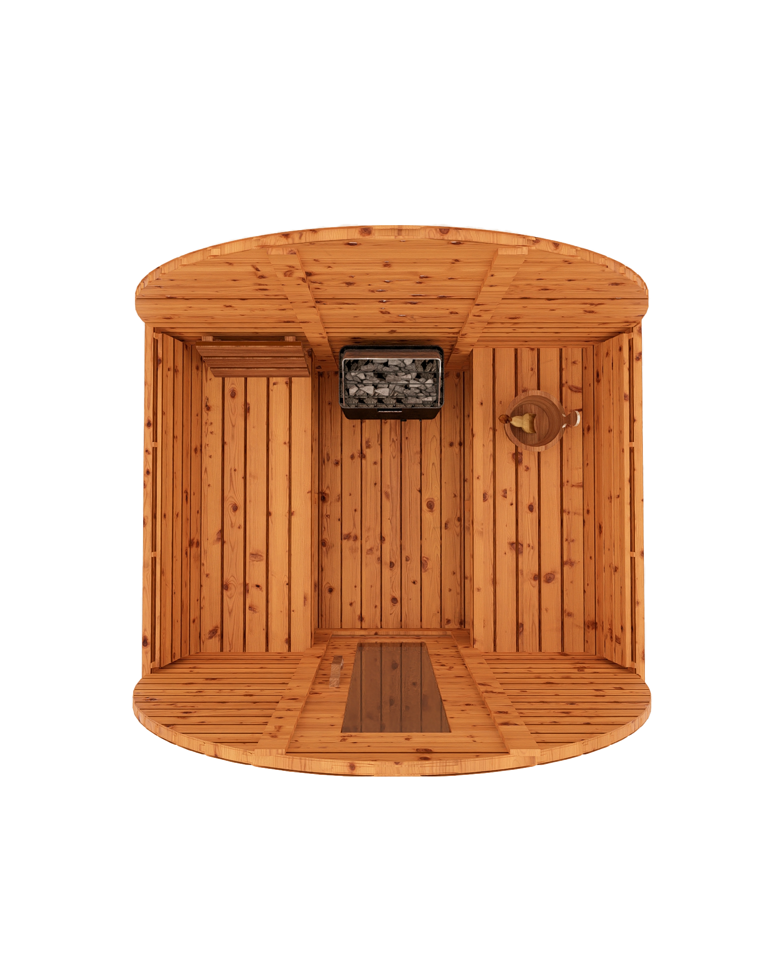 Top-down interior 3D mockup of 5-ft red cedar barrel sauna showing bench seating layout and small sauna floor space