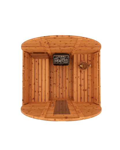 Top-down interior 3D mockup of 5-ft red cedar barrel sauna showing bench seating layout and small sauna floor space