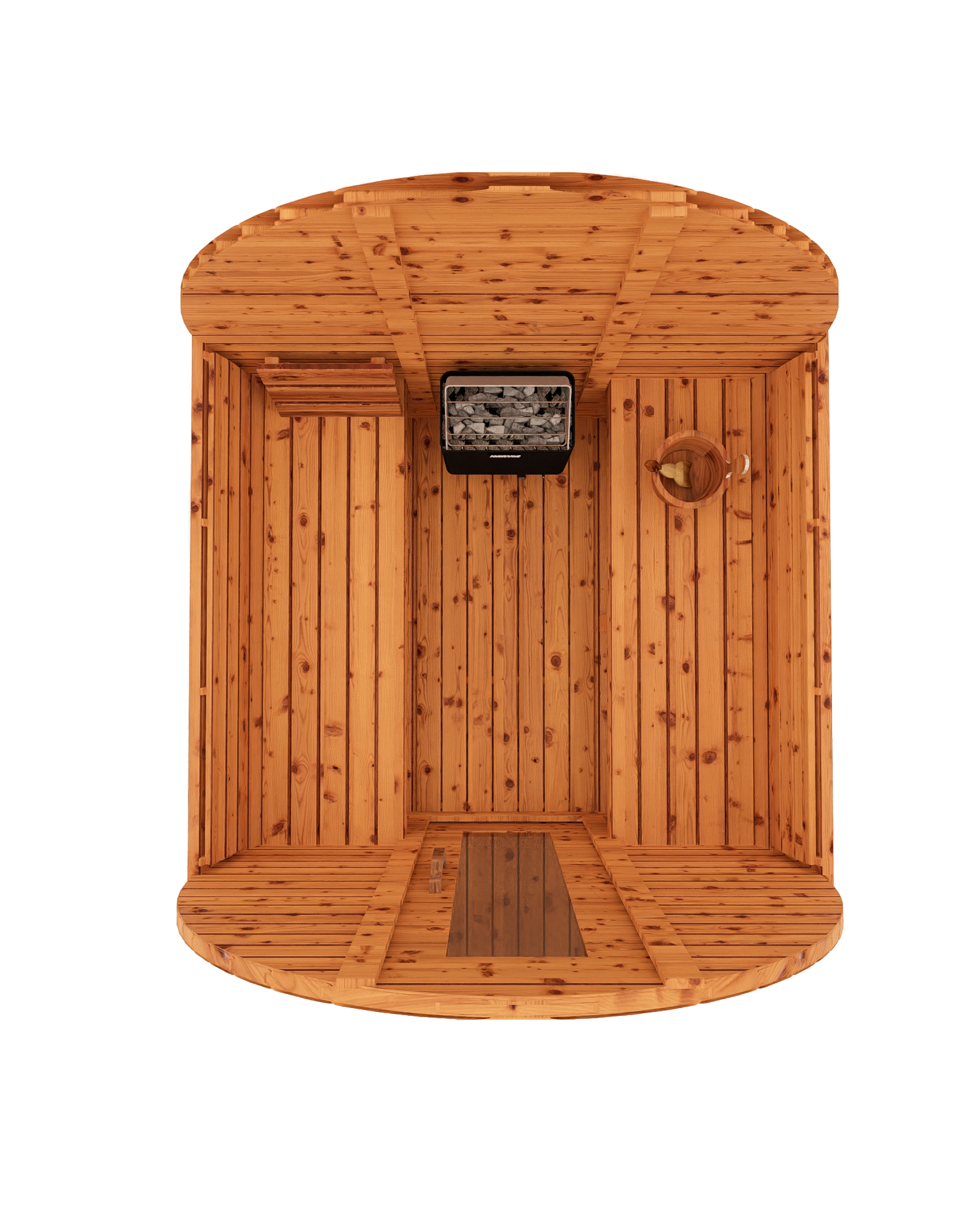 Top-down interior 3D mockup of 6-ft red cedar barrel sauna showing bench seating configuration and open sauna space