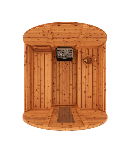Top-down interior 3D mockup of 6-ft red cedar barrel sauna showing bench seating configuration and open sauna space