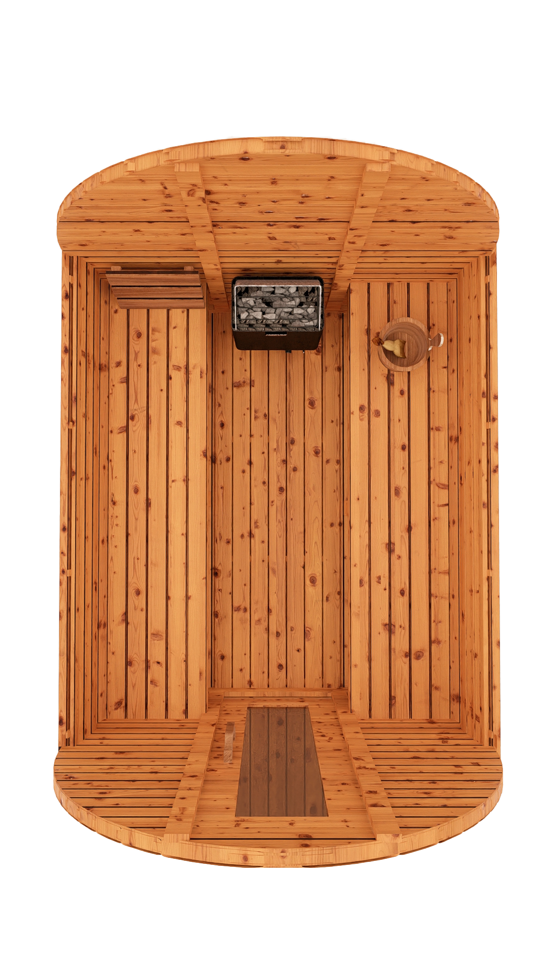 Top-down interior 3D mockup of 8-ft red cedar barrel sauna showing larger bench seating layout and comfortable sauna space