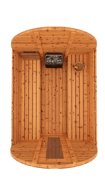 Top-down interior 3D mockup of 8-ft red cedar barrel sauna showing larger bench seating layout and comfortable sauna space