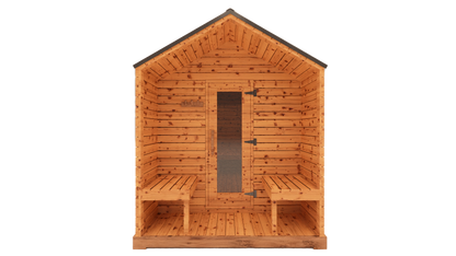 Front view 3D mockup of red cedar cabin outdoor sauna with covered porch, glass door entry and modern cedar exterior design