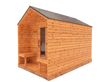 Red cedar cabin outdoor sauna with front porch, side view 3D mockup showing modern wood sauna design and covered entry area