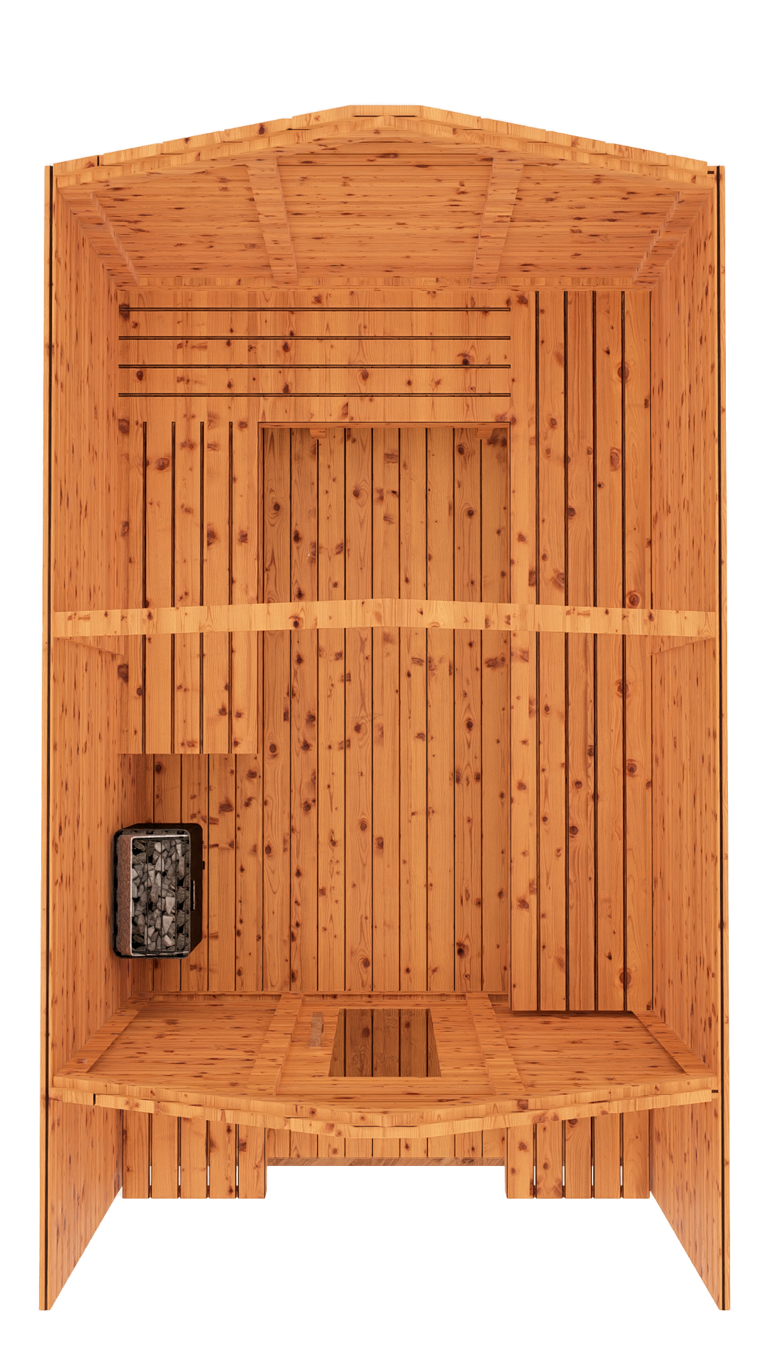 Top-down 3D mockup of red cedar cabin outdoor sauna with covered front porch, showing roof layout and overall structure