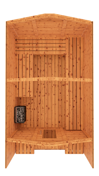 Top-down 3D mockup of red cedar cabin outdoor sauna with covered front porch, showing roof layout and overall structure