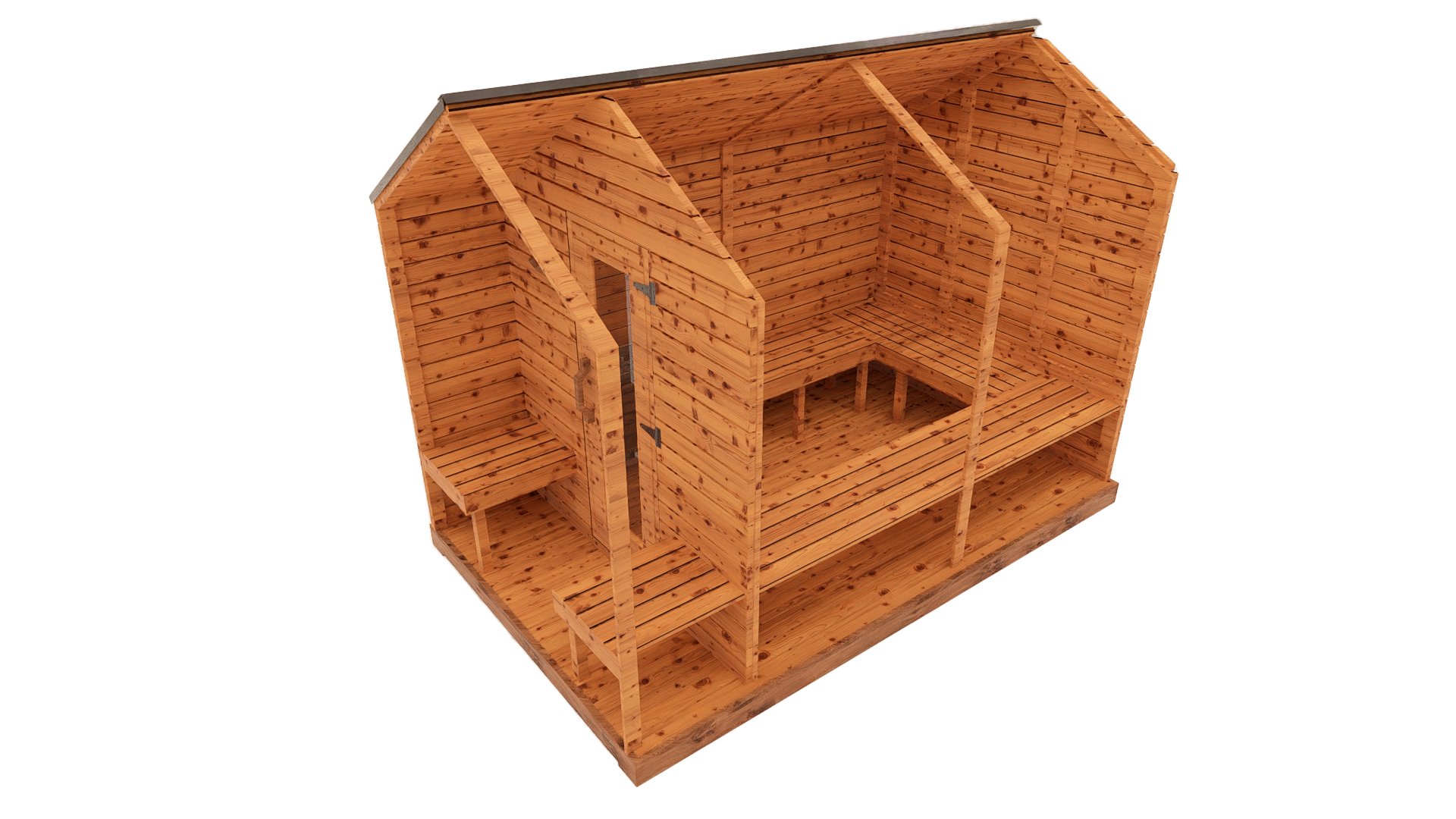 Side cutaway interior 3D view of red cedar cabin sauna with front porch, showing tiered benches and cedar sauna interior layout
