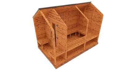 Side cutaway interior 3D view of red cedar cabin sauna with front porch, showing tiered benches and cedar sauna interior layout