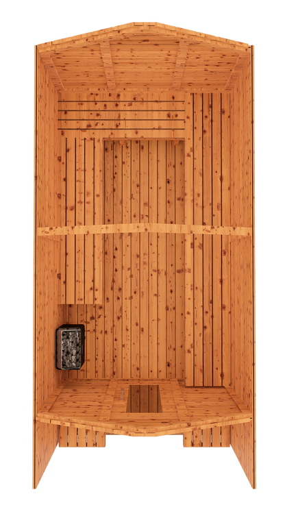 Top-down 3D mockup of red cedar cabin outdoor sauna with covered front porch, showing roof layout and overall structure