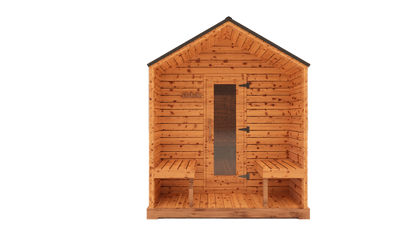 Front view 3D mockup of red cedar cabin outdoor sauna with covered porch, glass door entry and modern cedar exterior design