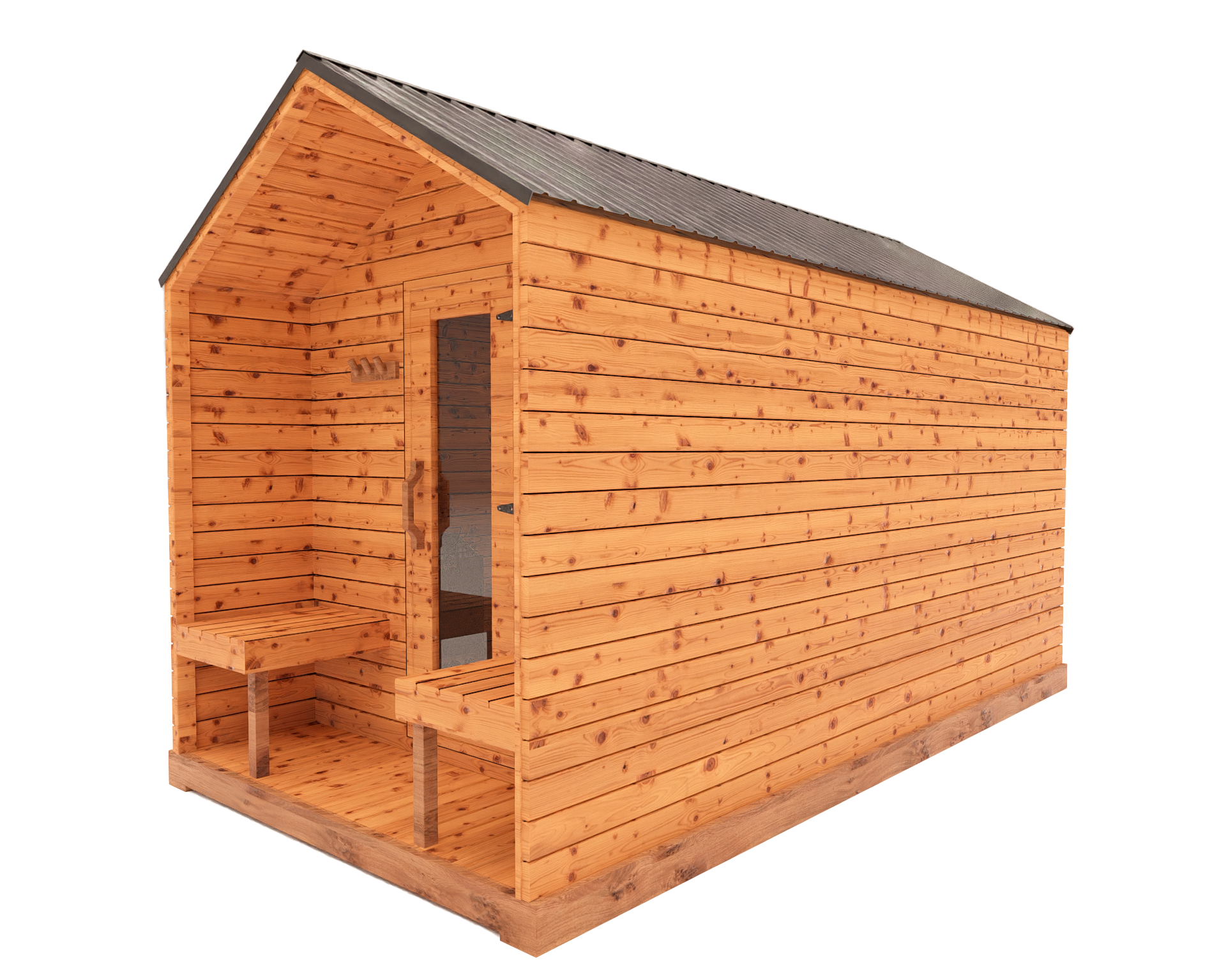 Red cedar cabin outdoor sauna with front porch, side view 3D mockup showing modern wood sauna design and covered entry area