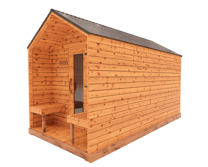 Red cedar cabin outdoor sauna with front porch, side view 3D mockup showing modern wood sauna design and covered entry area