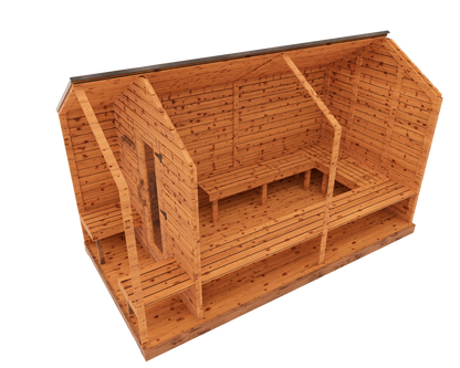 Side cutaway interior 3D view of red cedar cabin sauna with front porch, showing tiered benches and cedar sauna interior layout