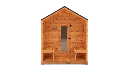 Front view 3D mockup of red cedar cabin outdoor sauna with covered porch, glass door entry and modern cedar exterior design