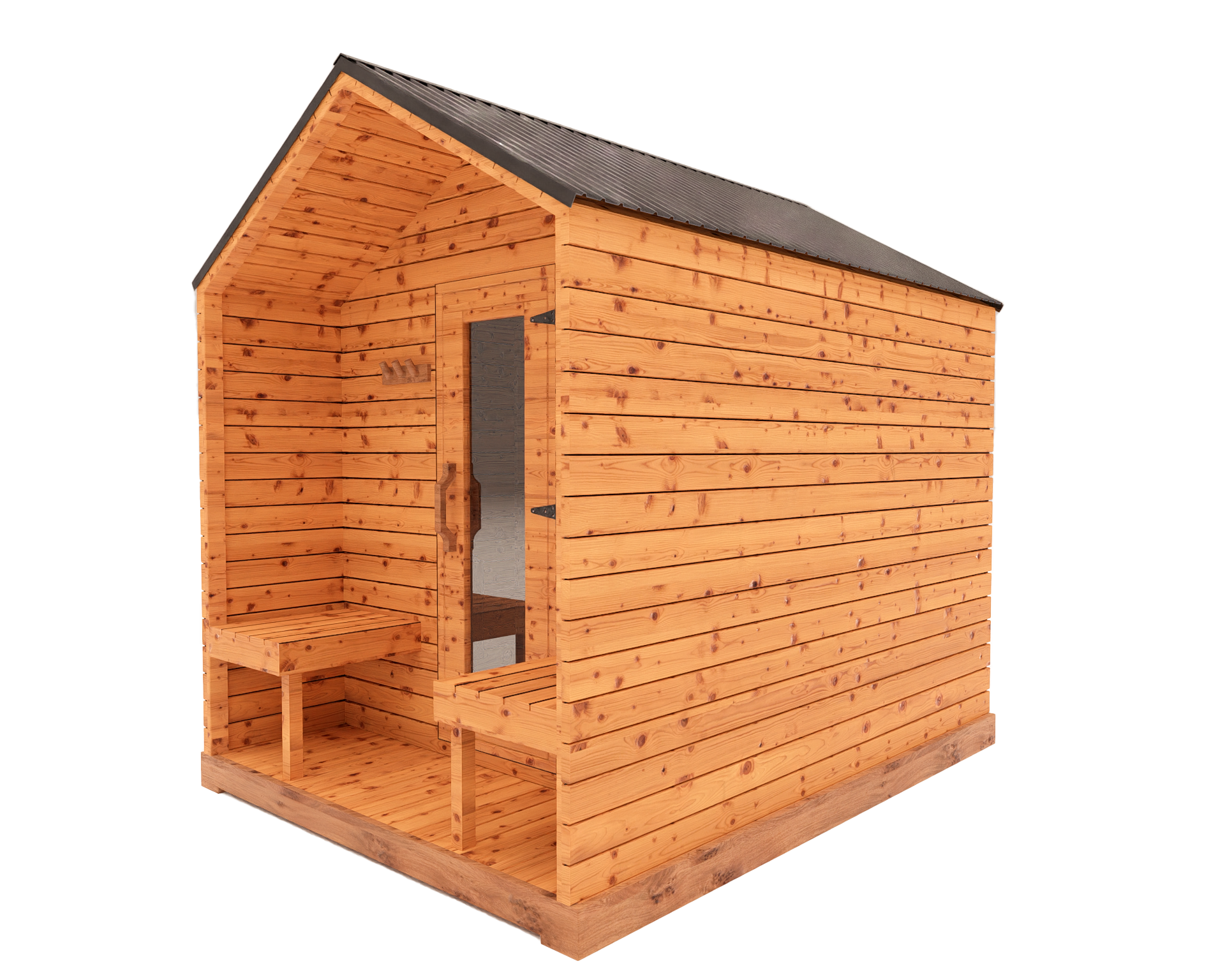 Red cedar cabin outdoor sauna with front porch, side view 3D mockup showing modern wood sauna design and covered entry area