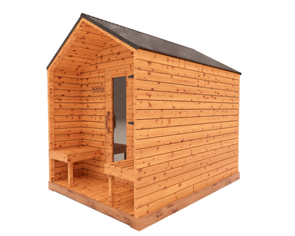 Red cedar cabin outdoor sauna with front porch, side view 3D mockup showing modern wood sauna design and covered entry area