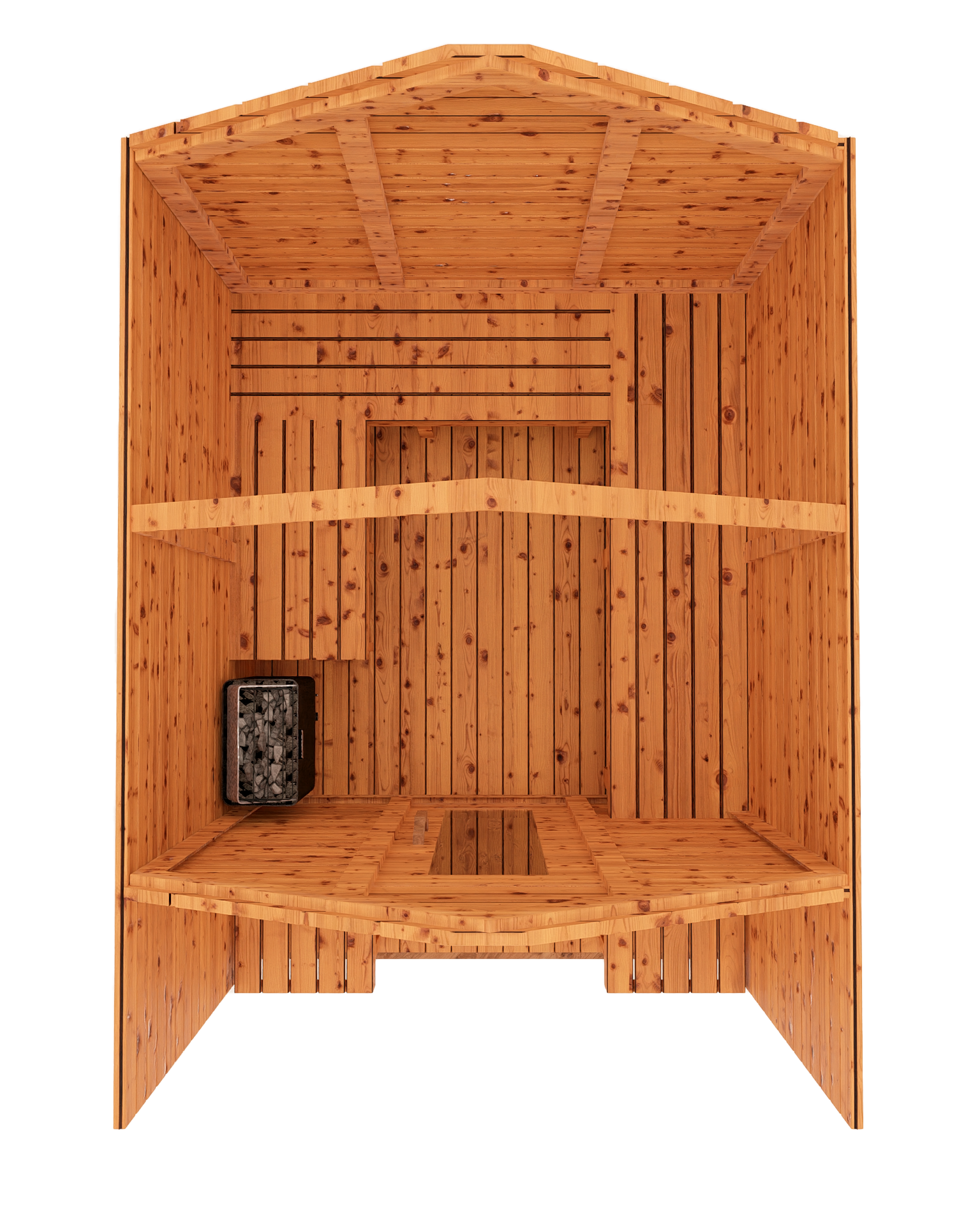 Top-down 3D mockup of red cedar cabin outdoor sauna with covered front porch, showing roof layout and overall structure