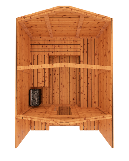 Top-down 3D mockup of red cedar cabin outdoor sauna with covered front porch, showing roof layout and overall structure