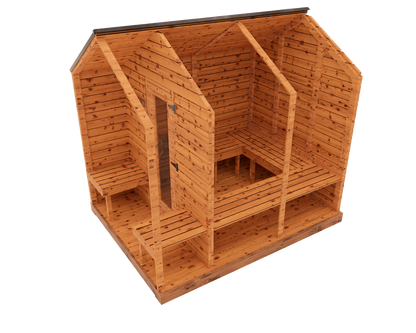 Side cutaway interior 3D view of red cedar cabin sauna with front porch, showing tiered benches and cedar sauna interior layout