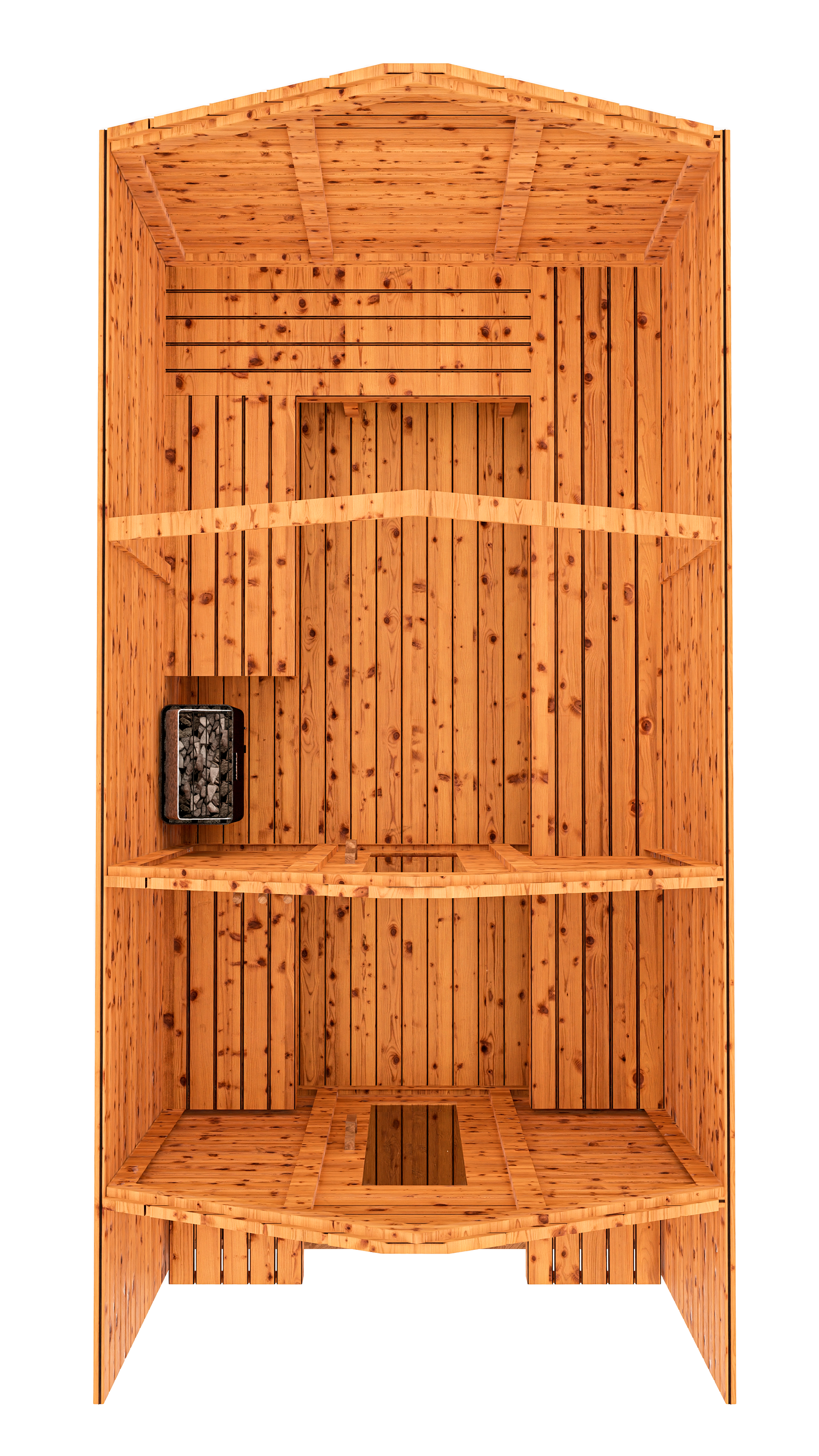 Top-down 3D mockup of red cedar cabin outdoor sauna with covered front porch and change room, showing roof layout and overall structure