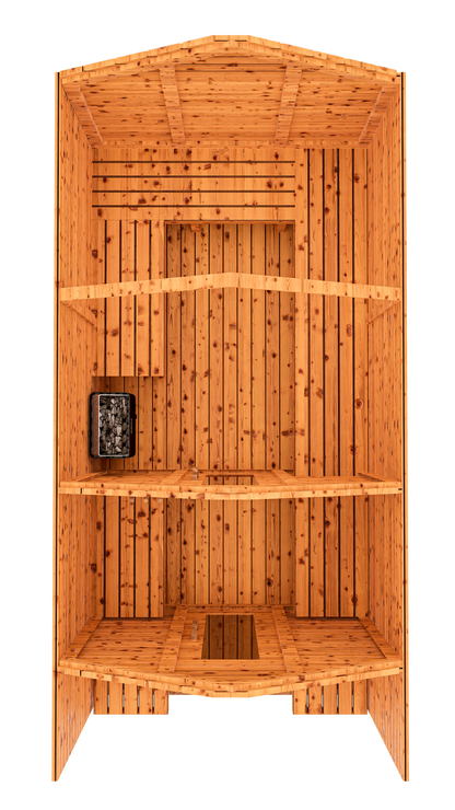 Top-down 3D mockup of red cedar cabin outdoor sauna with covered front porch and change room, showing roof layout and overall structure