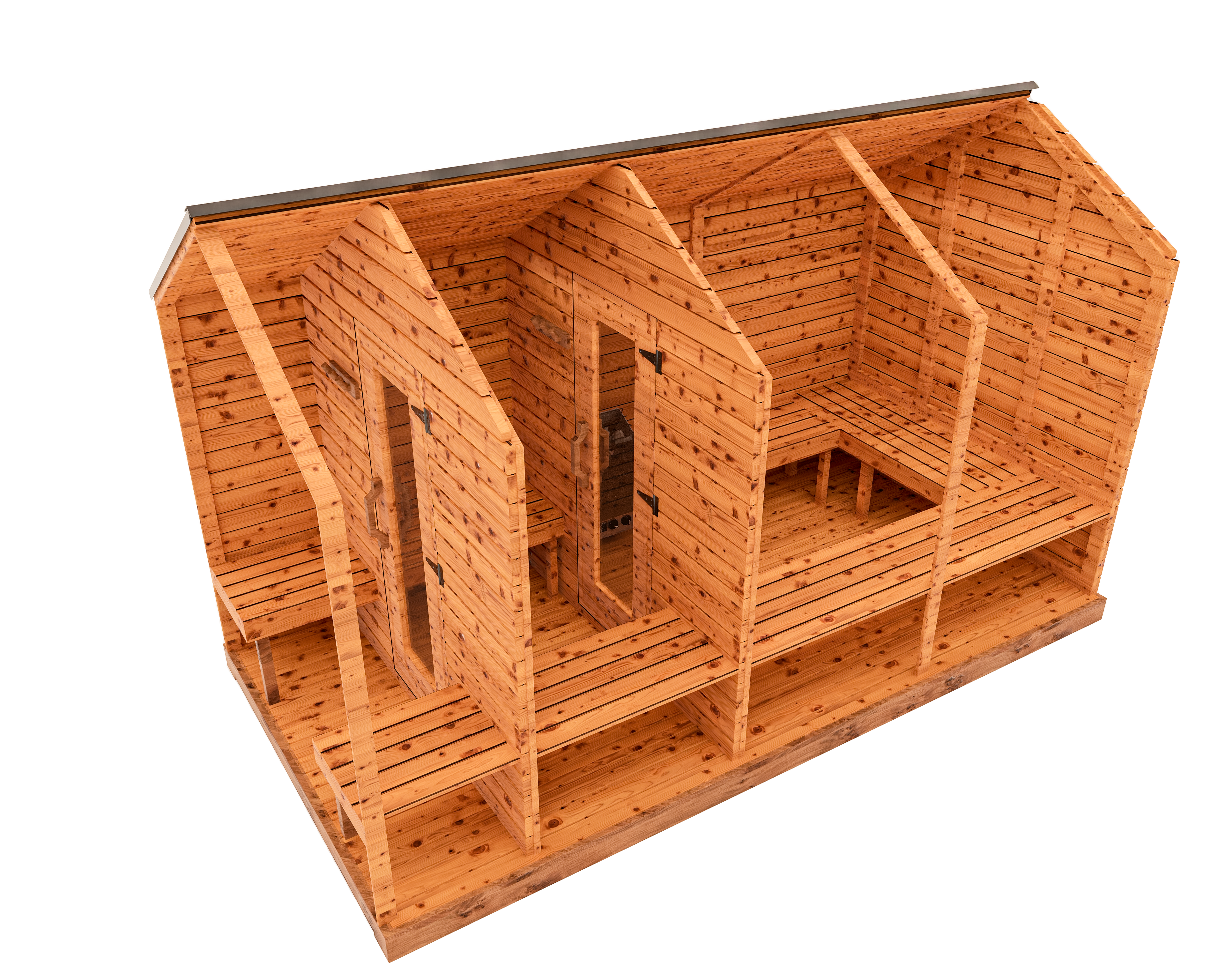 Side cutaway interior 3D view of red cedar cabin sauna with front porch and change room, showing tiered benches and cedar sauna interior layout