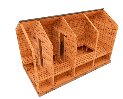 Side cutaway interior 3D view of red cedar cabin sauna with front porch and change room, showing tiered benches and cedar sauna interior layout