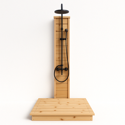 3D mockup of freestanding red cedar outdoor shower with matte black rainfall shower head and handheld wand attachment, modern backyard wellness fixture