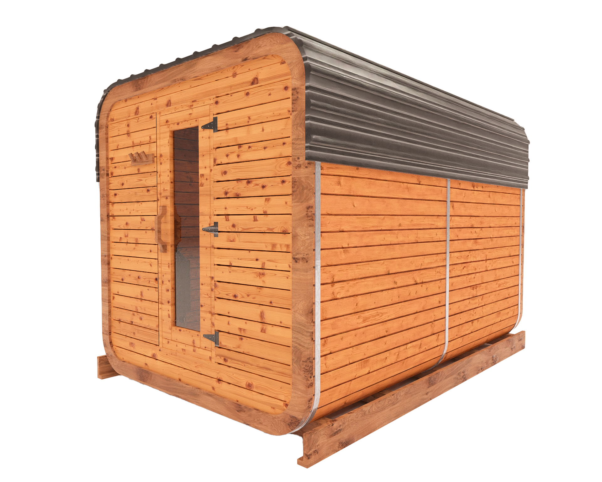 Cedar kubix outdoor sauna 3D mockup, side view showing modern cube-style design