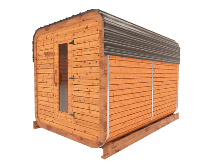 Cedar kubix outdoor sauna 3D mockup, side view showing modern cube-style design