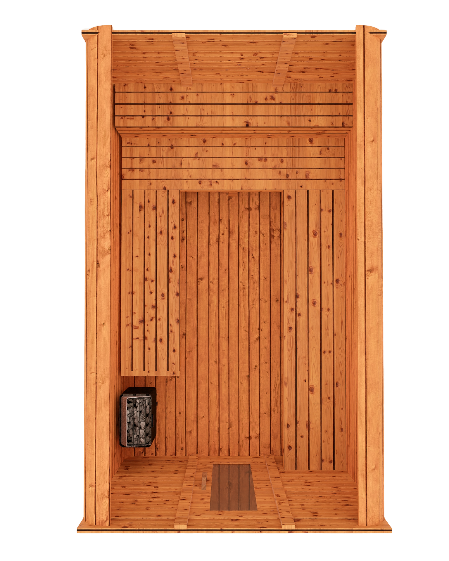 Cedar kubix outdoor sauna 3D mockup, top down view showing modern cube-style design