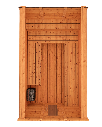 Cedar kubix outdoor sauna 3D mockup, top down view showing modern cube-style design