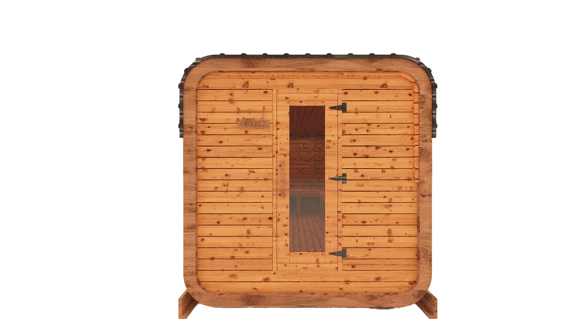 Cedar kubix outdoor sauna 3D mockup, front view showing modern cube-style design