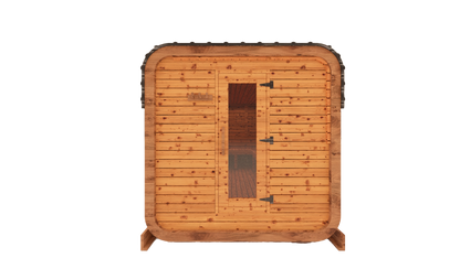 Cedar kubix outdoor sauna 3D mockup, front view showing modern cube-style design