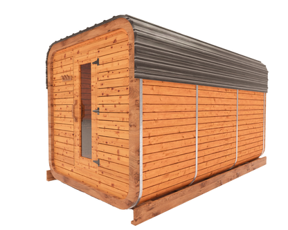 Cedar kubix outdoor sauna 3D mockup, side view showing modern cube-style design