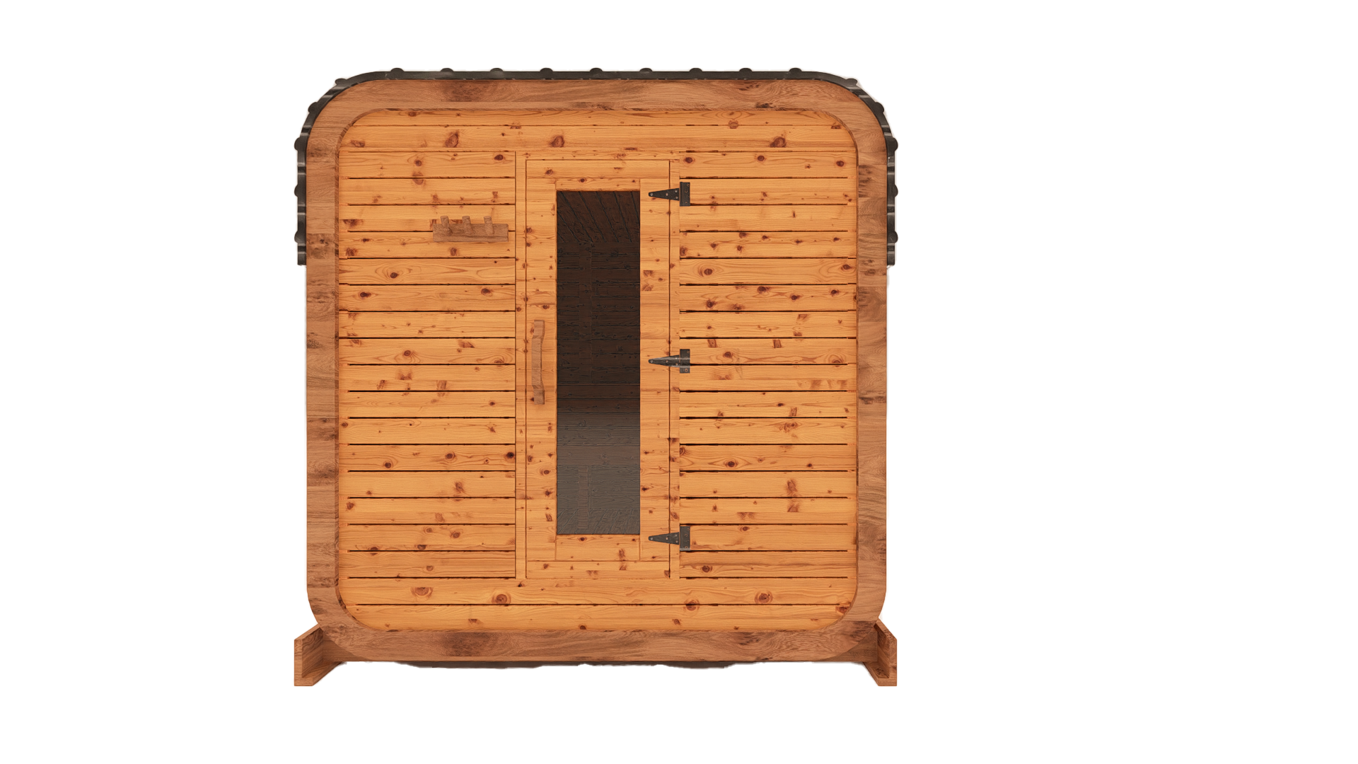 Cedar kubix outdoor sauna 3D mockup, front view showing modern cube-style design