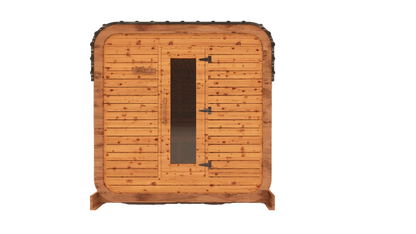 Cedar kubix outdoor sauna 3D mockup, front view showing modern cube-style design