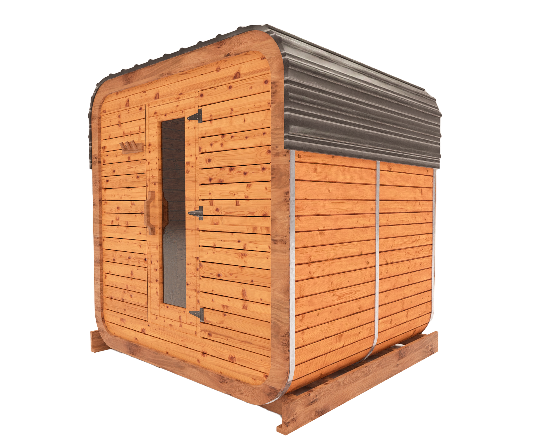 Cedar kubix outdoor sauna 3D mockup, side view showing modern cube-style design