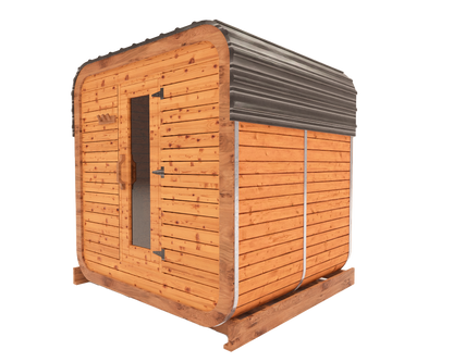 Cedar kubix outdoor sauna 3D mockup, side view showing modern cube-style design