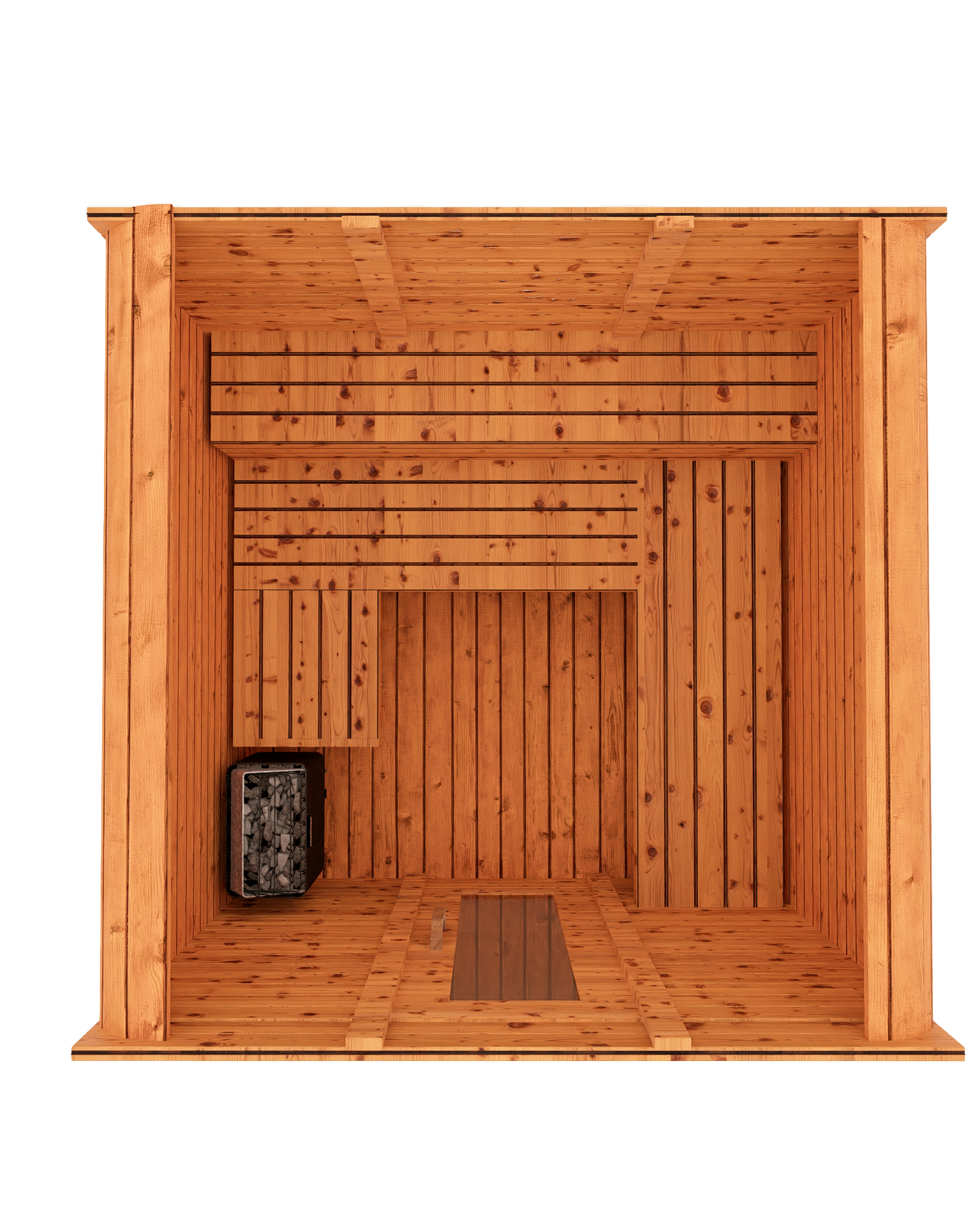 Cedar kubix outdoor sauna 3D mockup, top down view showing modern cube-style design