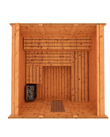 Cedar kubix outdoor sauna 3D mockup, top down view showing modern cube-style design