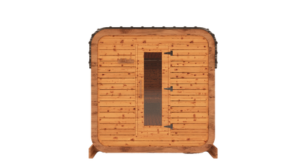 Cedar kubix outdoor sauna 3D mockup, front view showing modern cube-style design