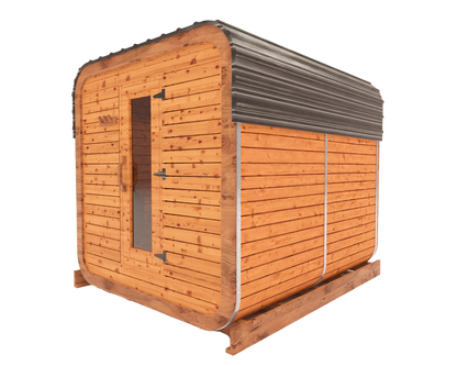 Cedar kubix outdoor sauna 3D mockup, side view showing modern cube-style design