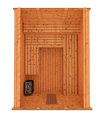 Cedar kubix outdoor sauna 3D mockup, top down view showing modern cube-style design