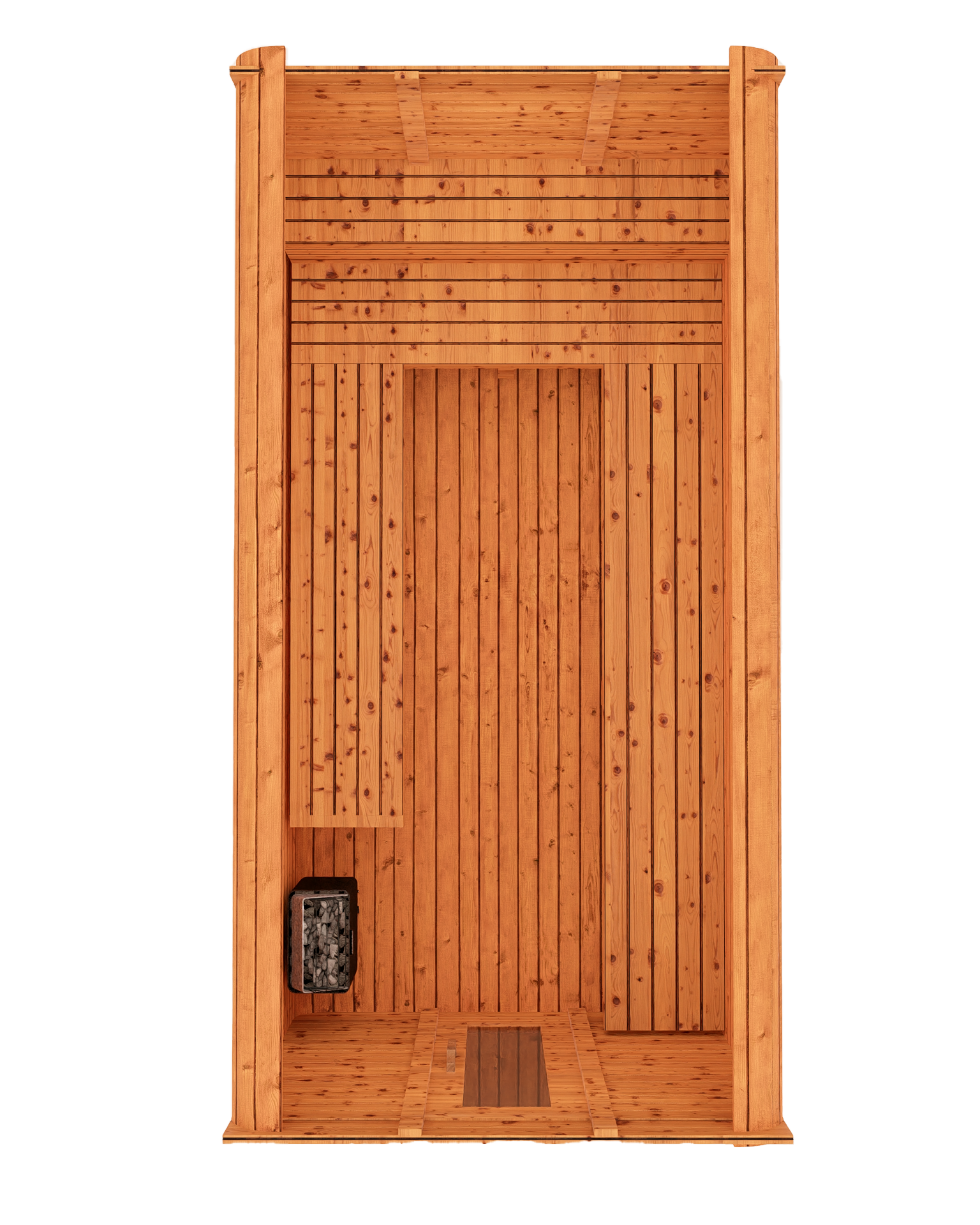 Cedar kubix outdoor sauna 3D mockup, birds eye view showing modern cube-style design
