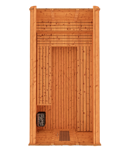 Cedar kubix outdoor sauna 3D mockup, birds eye view showing modern cube-style design