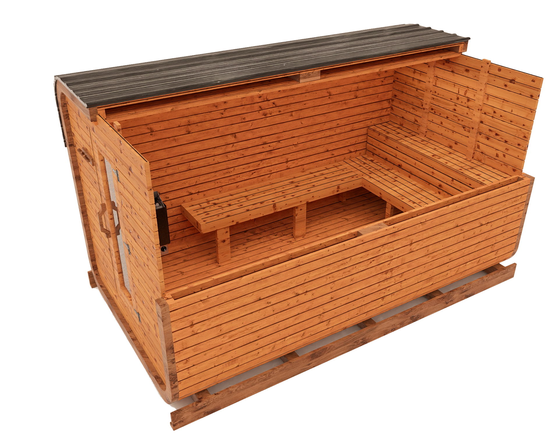 Cedar kubix outdoor sauna 3D mockup, side view showing the interior of a modern cube-style design